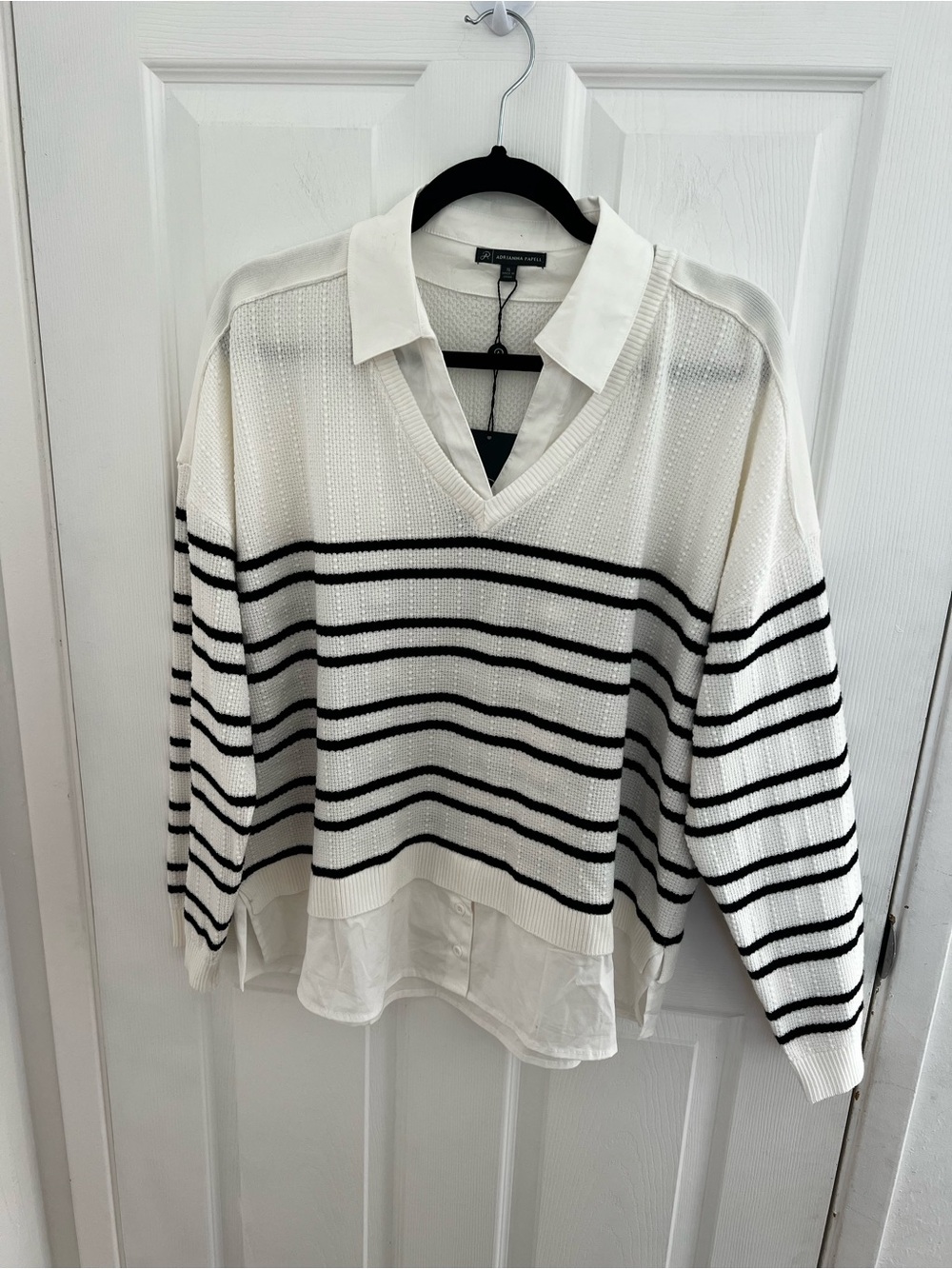 Adrianna Papell White V-Neck Layered Sweater with Black Stripes